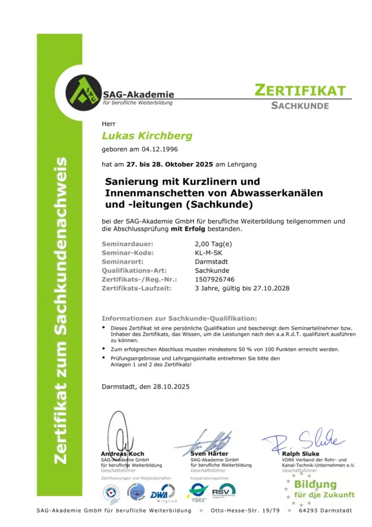 Zertifikat Rohrsanierung